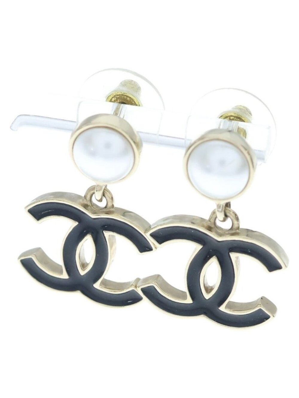Chanel CC Logo Pearl Earrings Gold Black